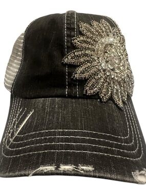 Alabama Girl Black Rhinestone Floral Appliqué Mesh-Back Baseball Cap